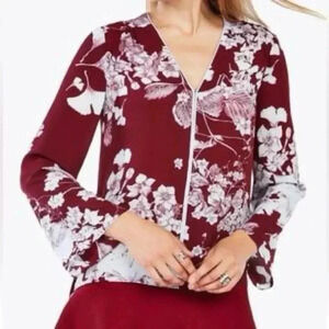 BCBGMAXAZRIA | Burgundy & White Bohemian Long Sleeve Floral Blouse Size XXS